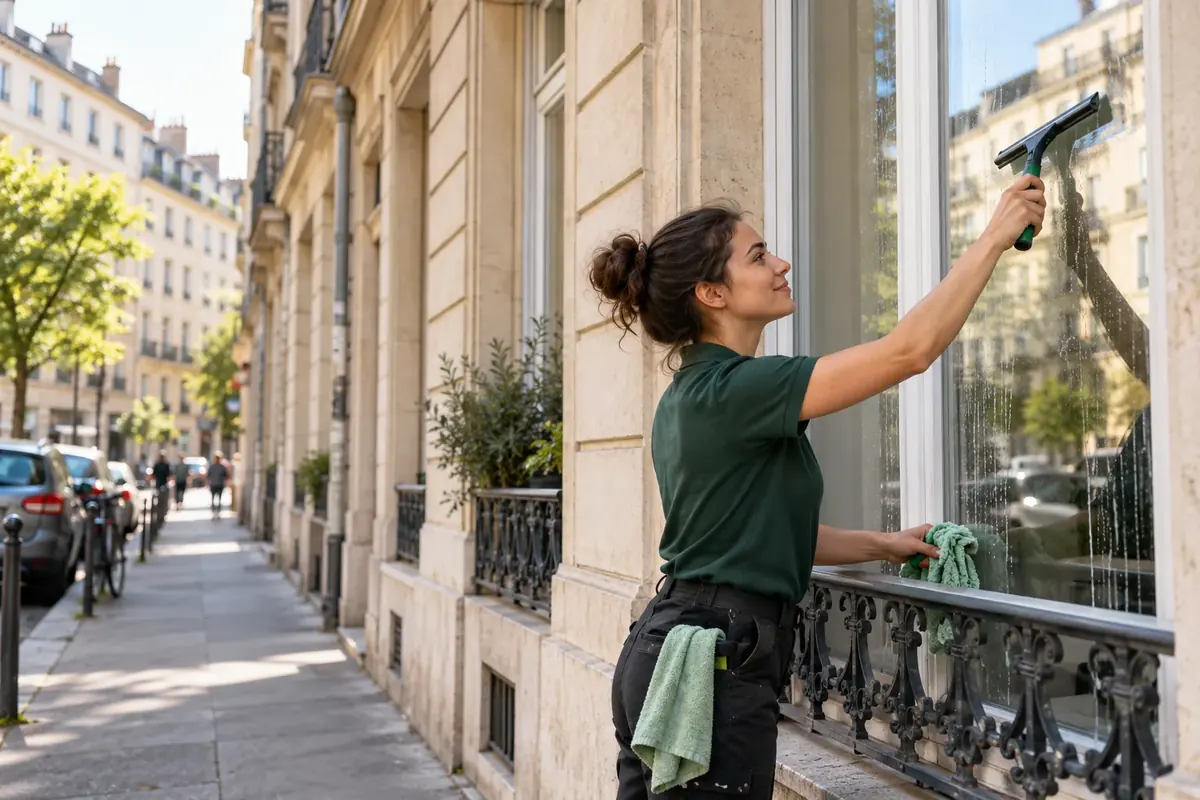 Illustration : nettoyage d’une fenêtre dans un quartier lyonnais